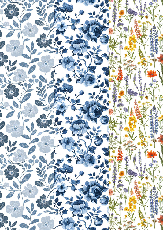 Decals, Blue Floral Cottagecore Background Ceramic decals - Enamel Decal - Fusible Decal - Glass Fusing Decal ~ Waterslide Decal 10020