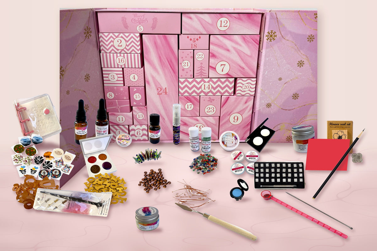 Enameling Advent Calendar 2026 box with the real products in front