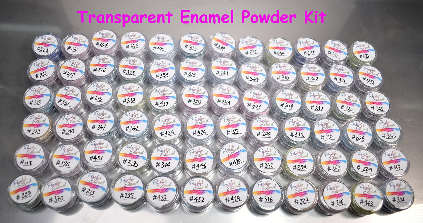 234 Pearly's Enamel Powder Samples Opaque and Transparent Kit (jars of 6gr.) Great for torch/kiln/Cloisonné and Wet Packing Enameling