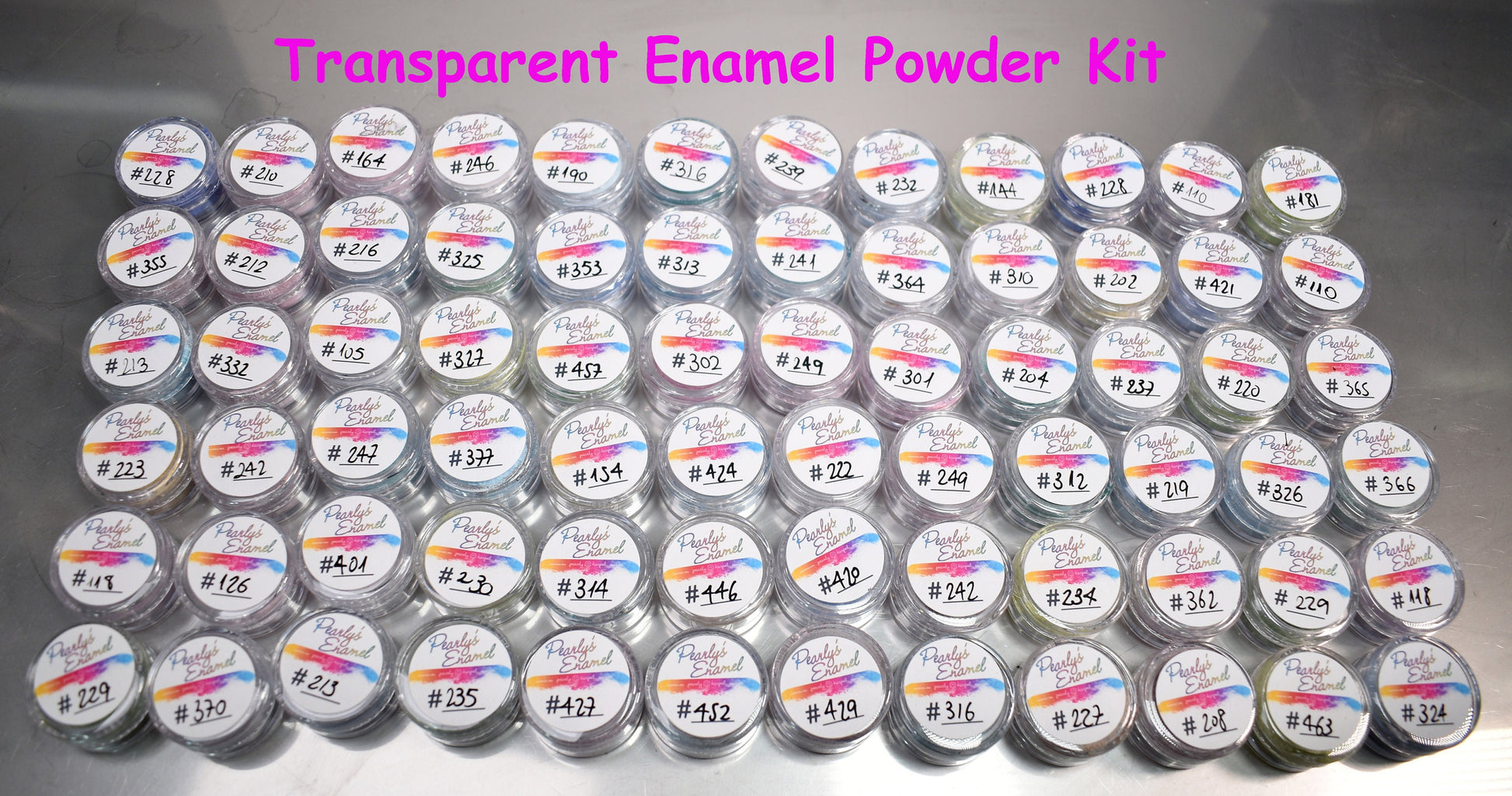 234 Pearly's Enamel Powder Samples Opaque and Transparent Kit (jars of 6gr.) Great for torch/kiln/Cloisonné and Wet Packing Enameling