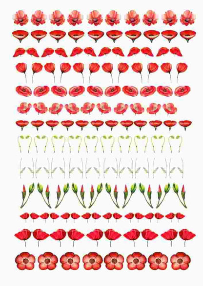 Red Poppy Flowers, Ceramic and Enamel Decals, Full Sheet Glass Fusing & Waterslide Decal - 1005
