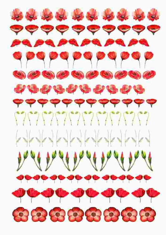 Red Poppy Flowers, Ceramic and Enamel Decals, Full Sheet Glass Fusing & Waterslide Decal - 1005