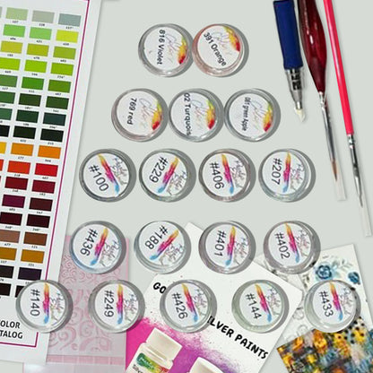 a variety of paint samples and paint brushes