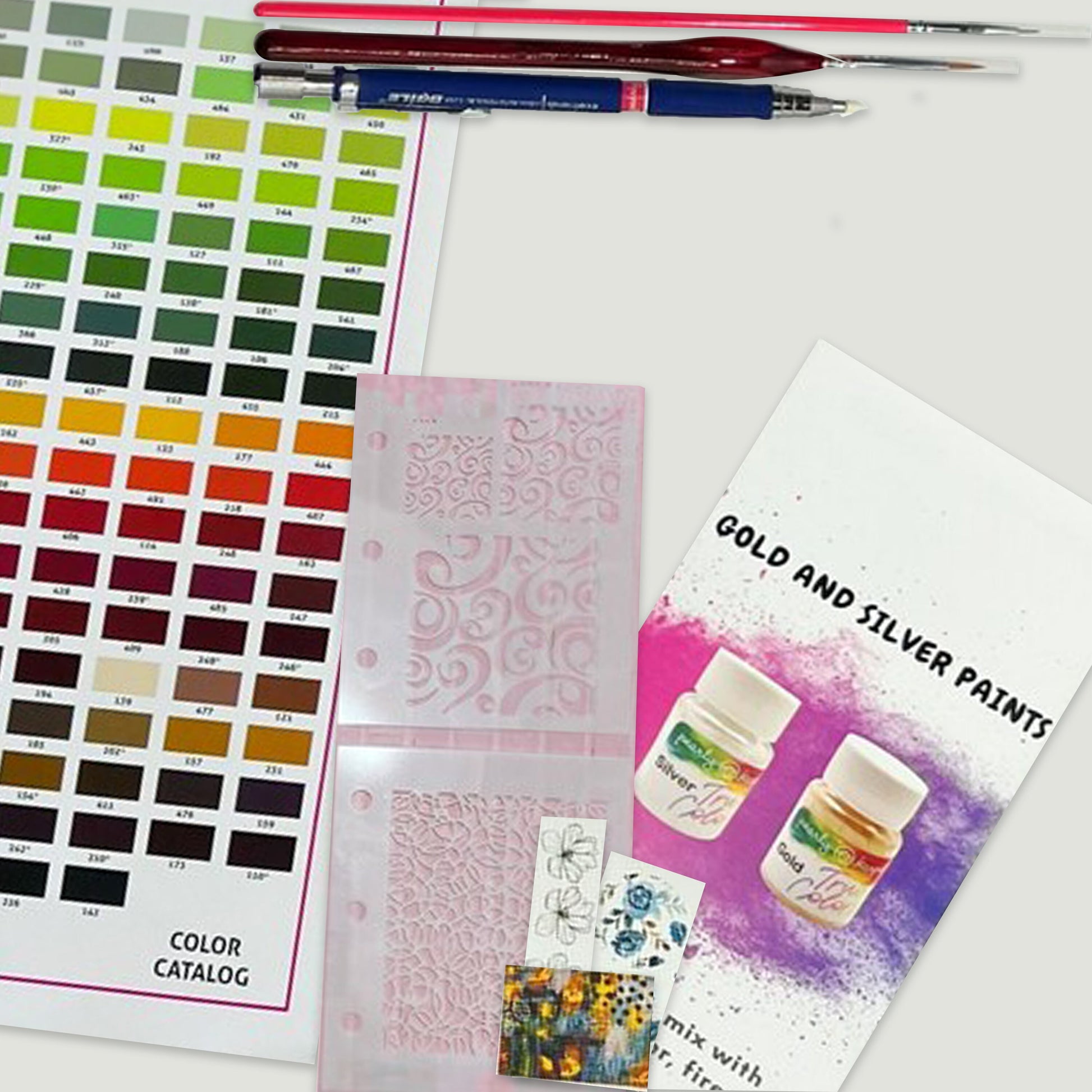 a picture of some paint samples and some pens