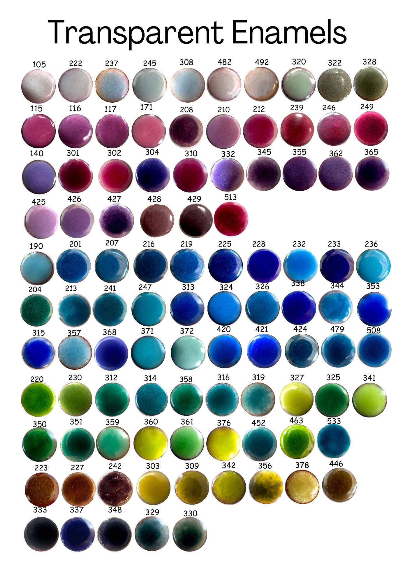 100 Pearly's Enamel Powder Samples Transparent Kit (jars of 6gr.) Great for torch/kiln/Cloisonné and Wet Packing Enameling