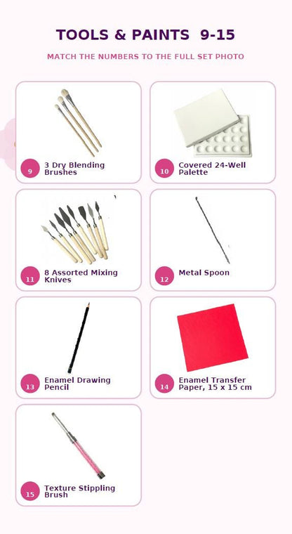 Quick Shine Paints Complete Enamel Painting Set, 18 Colors, Brushes, Palette, Mediums & Tools for Kiln-Fired Enamel Art Lead Free Gift Bag